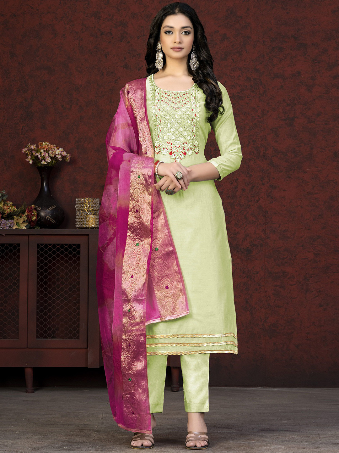 

SHADOW & SAINING Embellished Beads and Stones Modal Chanderi Semi-Stitched Dress Material, Green