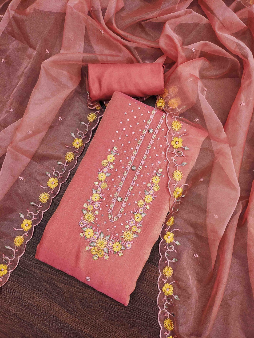 

SHADOW & SAINING Floral Embroidered Thread Work Semi-Stitched Dress Material, Peach