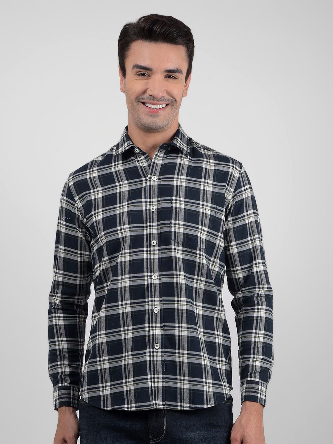 

Numero Uno Slim Fit Checked Spread Collar Cotton Casual Shirt, Blue
