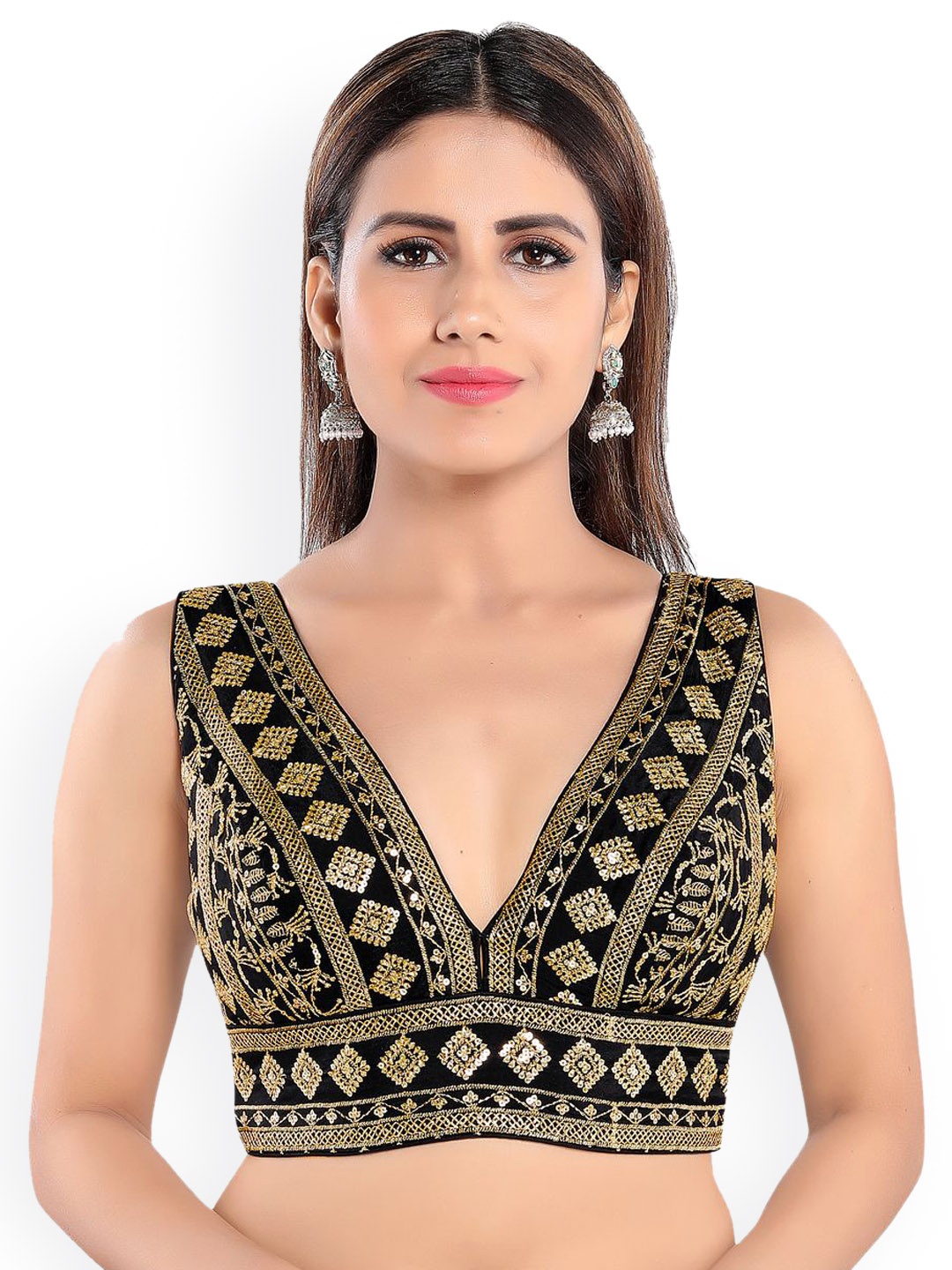 

VAMAS - THE DESIGNER BLOUSES Women V-Neck Padded Saree Blouse, Black
