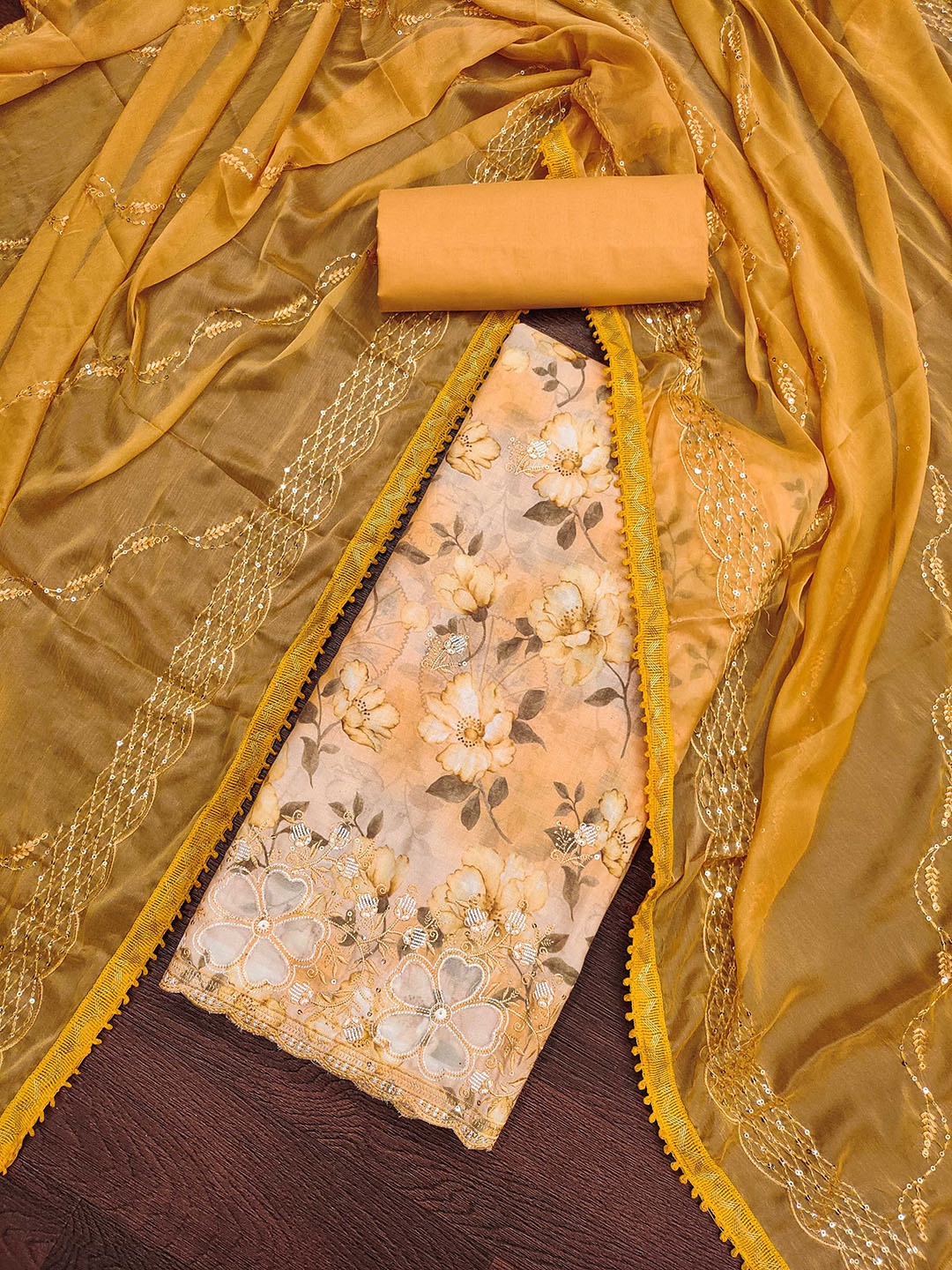 

SHADOW & SAINING Floral Embroidered Sequinned Pure Cotton Unstitched Dress Material, Yellow