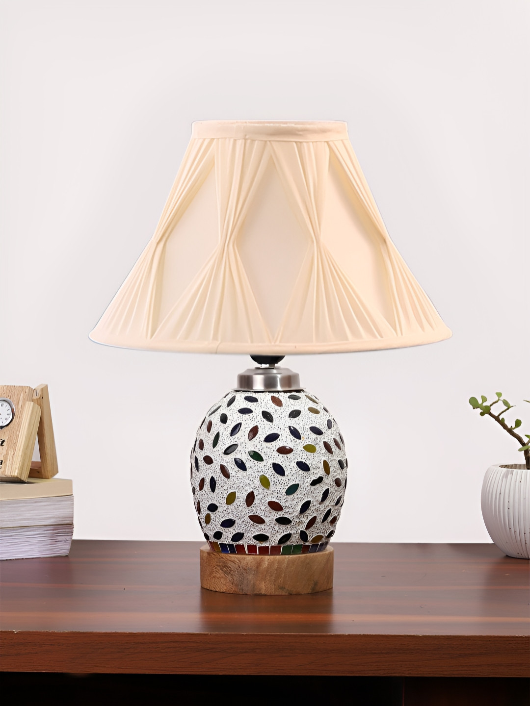 

Devansh Off-White Printed Wooden Frustum Shaped Table Lamp With Mosaic Glass Base