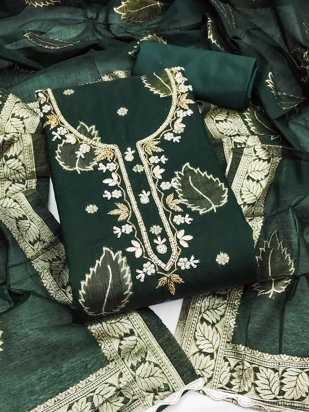 

SHADOW & SAINING Floral Woven Design Modal Banarasi Unstitched Dress Material, Green