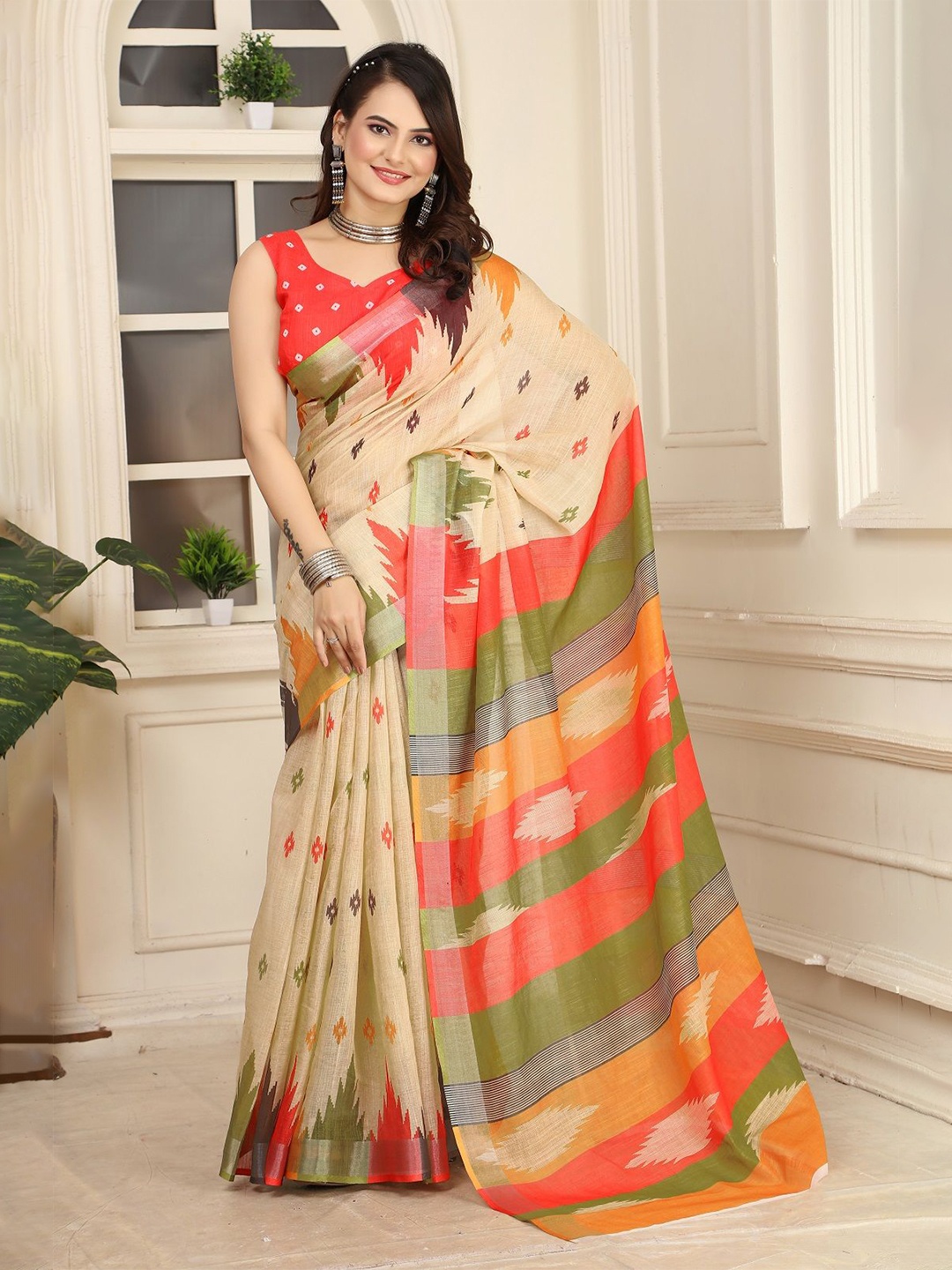 

ORUS Ethnic Motifs Printed Pure Cotton Saree, Beige