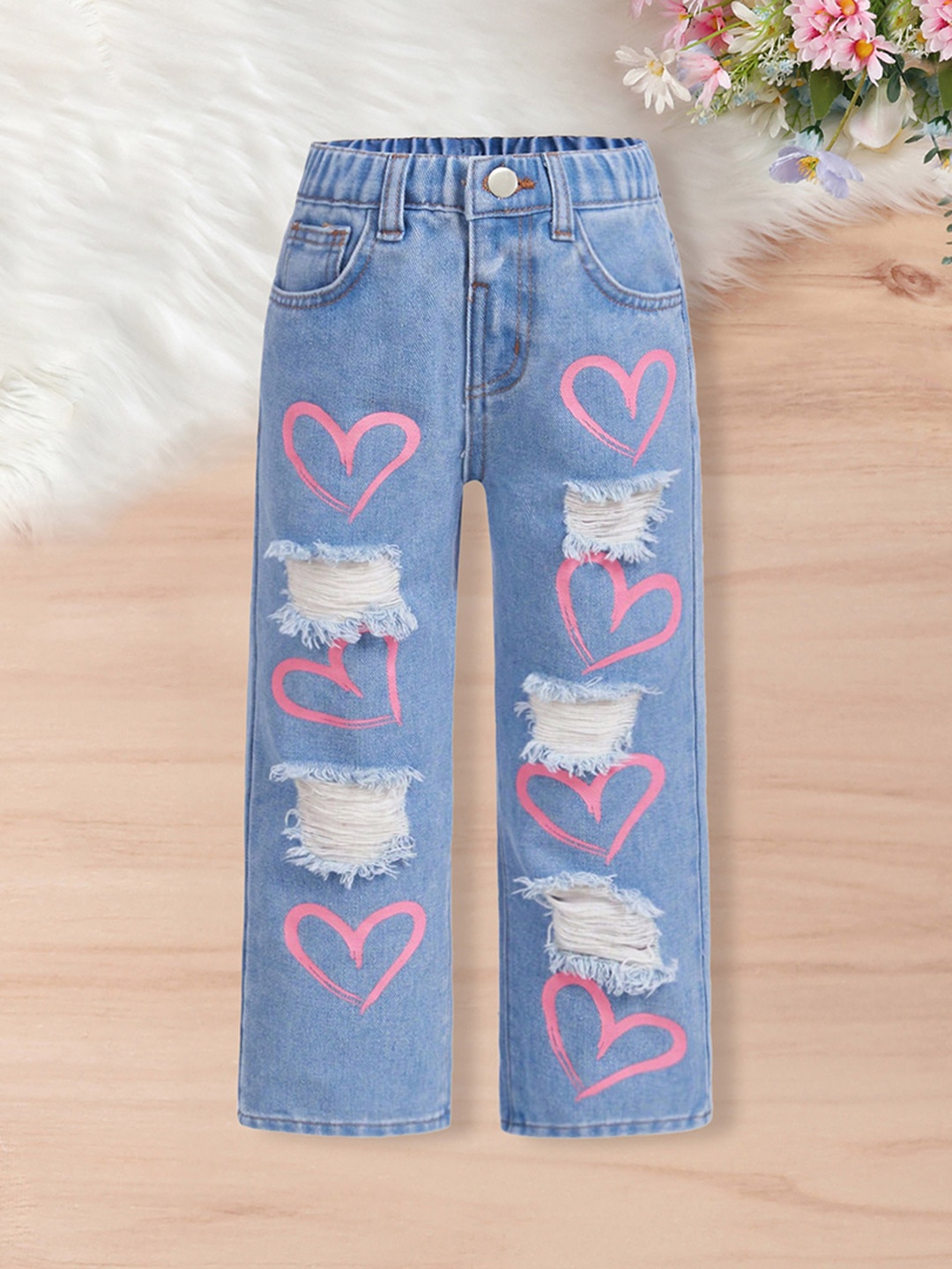 

INCLUD Girls Straight Fit Low Distress Light Fade Jeans, Blue