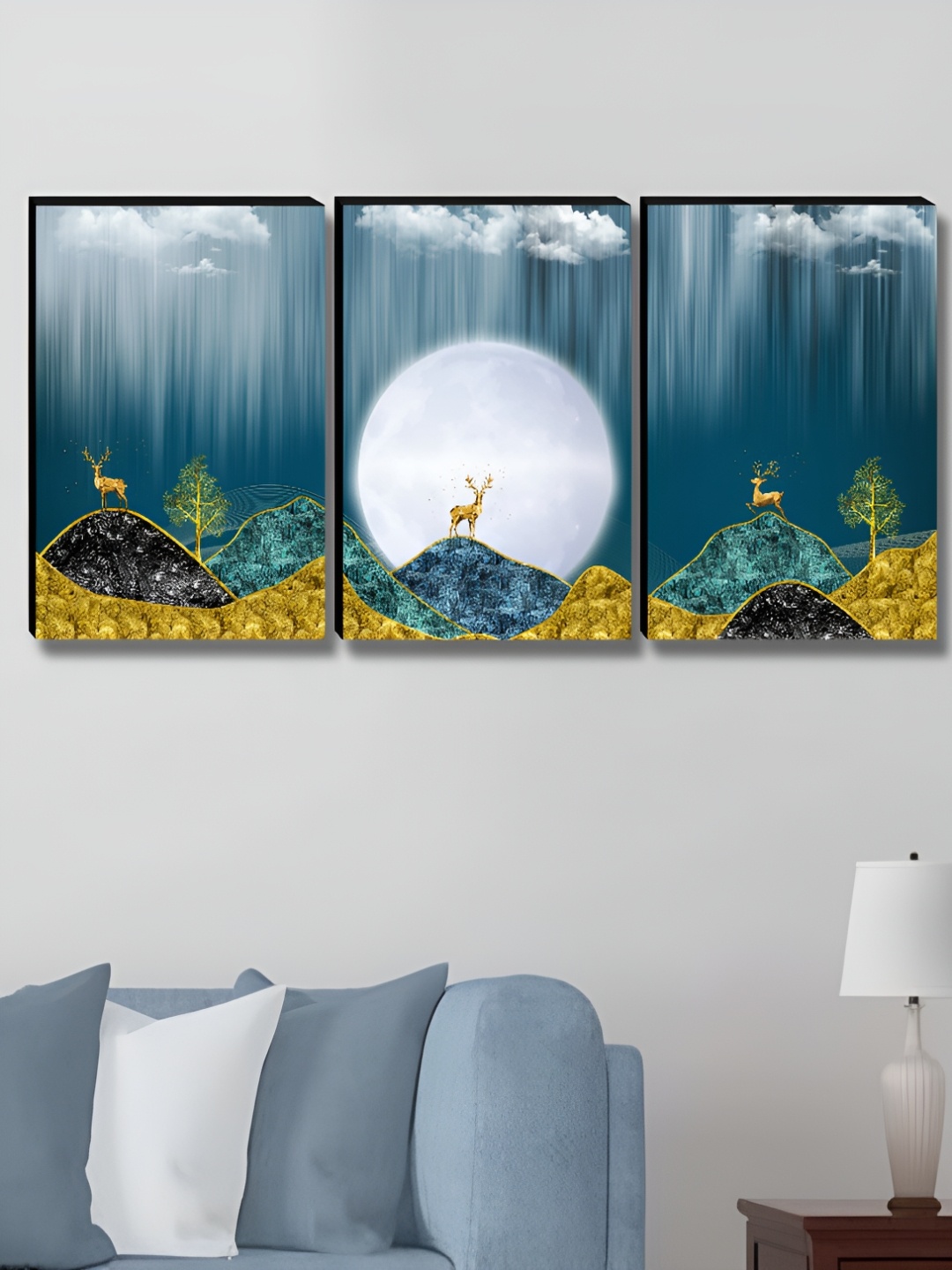 

Myntra Elegant Homes Blue & White 3 Pieces Moon & Deer Birds and Animals Wall Art