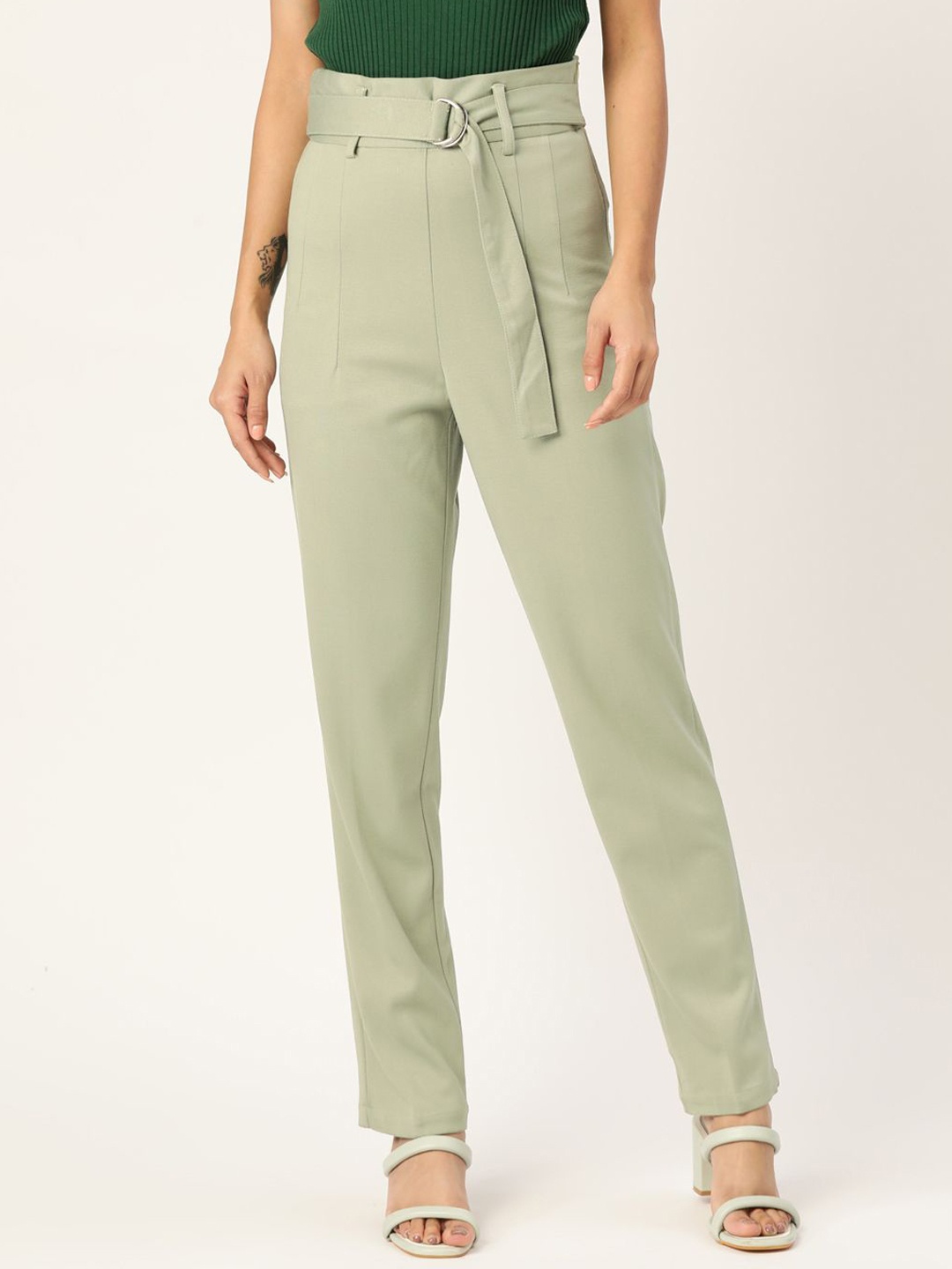 

Zastraa Women Smart Slim Fit High-Rise Pleated Trousers, Sea green