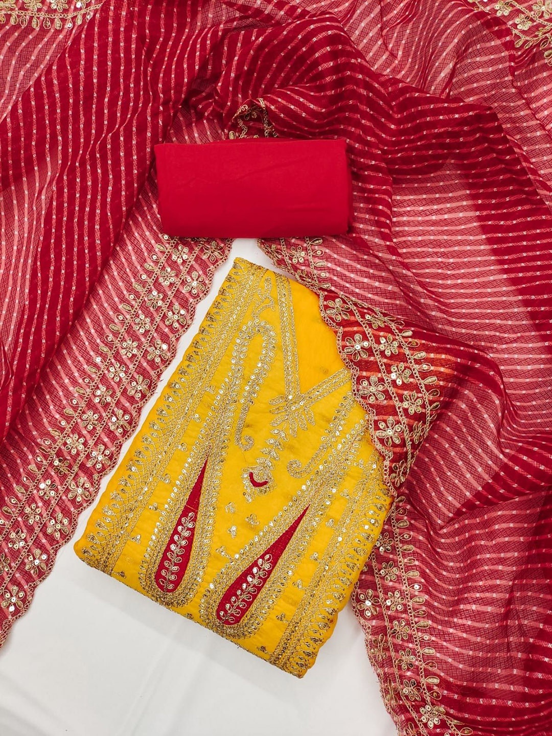 

SHADOW & SAINING Floral Embroidered Unstitched Dress Material, Yellow