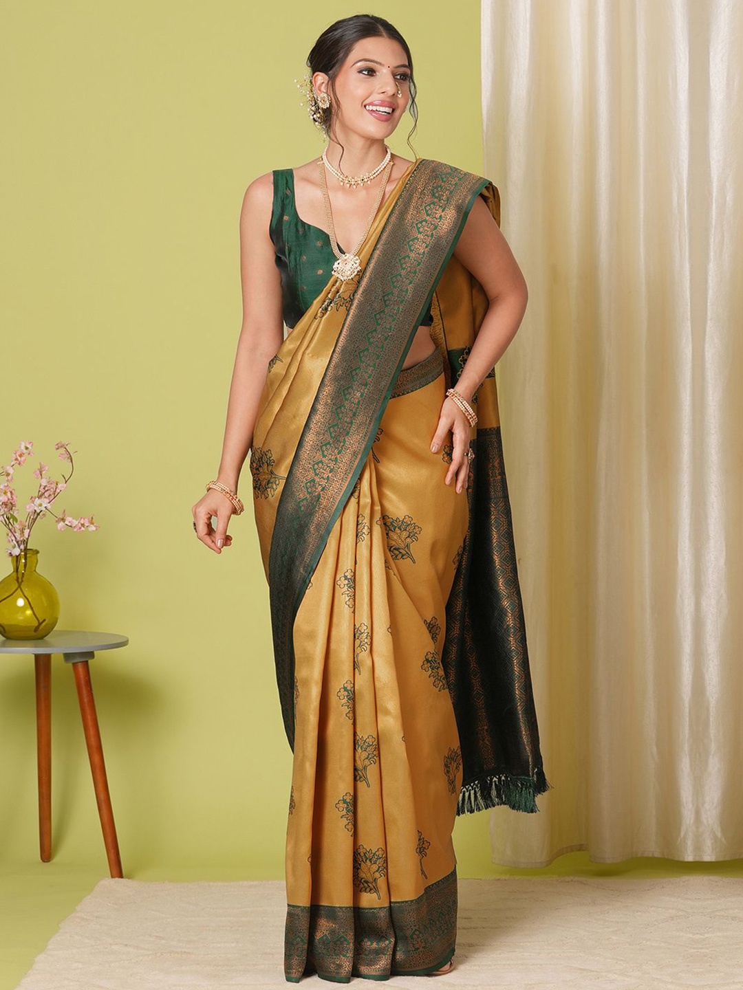 

HERE&NOW Floral Woven Design Zari Banarasi Saree, Yellow