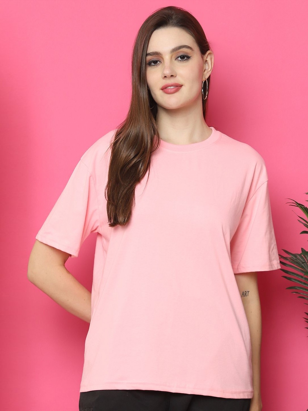 

Dreambe Typography Printed Drop-Shoulder Sleeves Pure Cotton Oversized T-shirt, Pink
