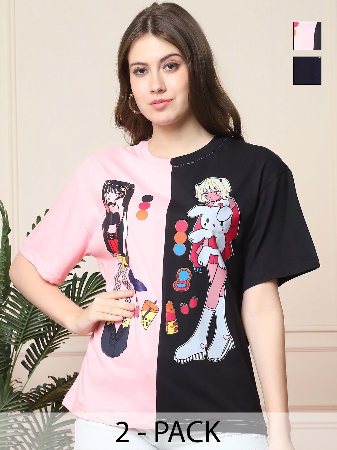

Tromko Women Pack of 2 Graphic Printed Round Neck Cotton Oversized T-shirts, Peach