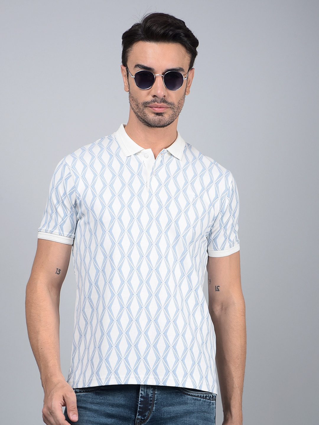 

Crimsoune Club Geometric Printed Polo Collar Cotton T-shirt, Blue