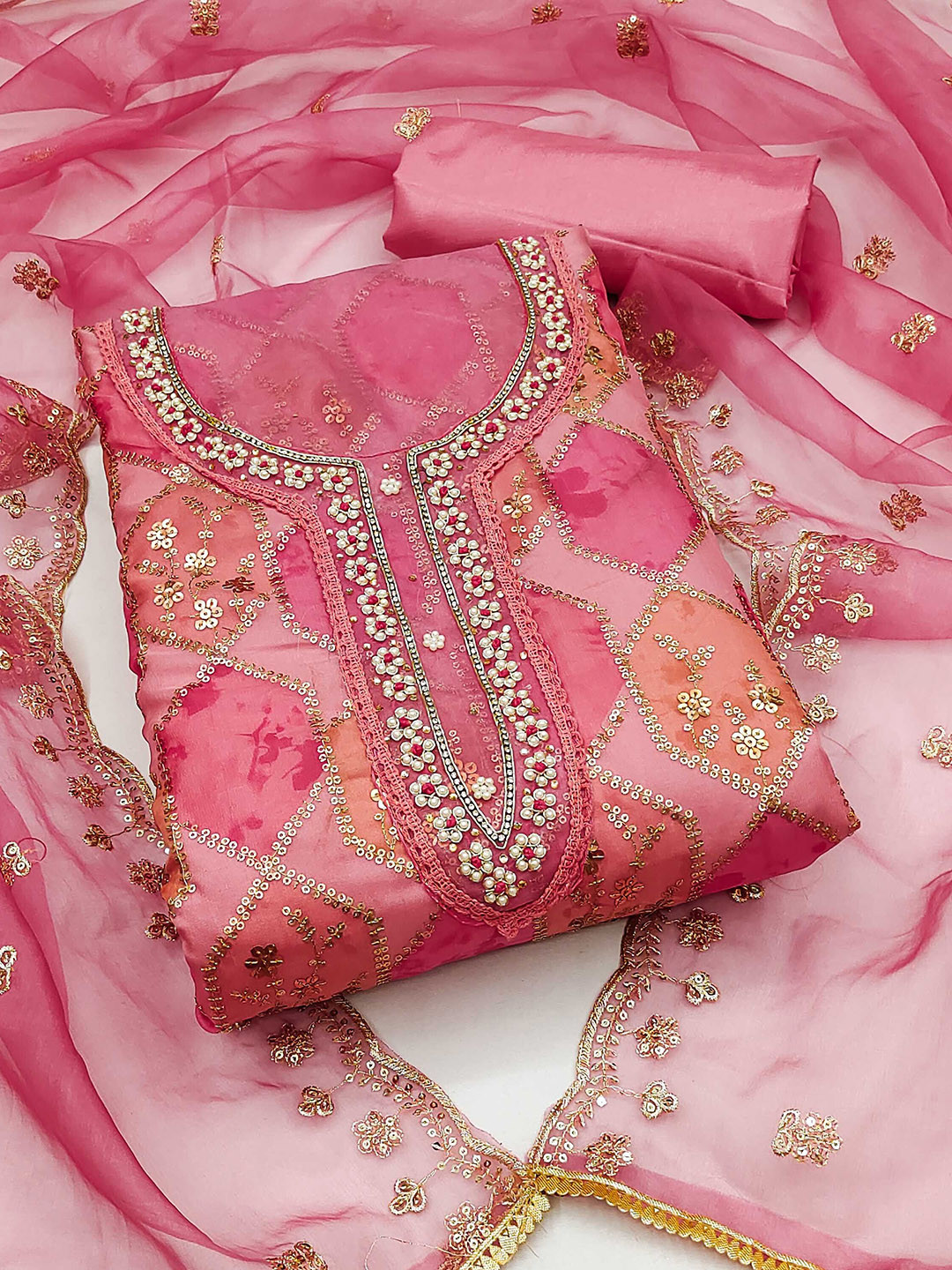 

SHADOW & SAINING Embroidered Organza Semi-Stitched Dress Material, Pink