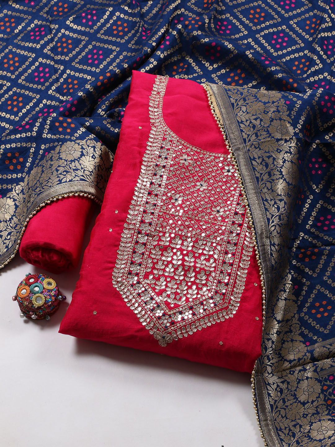 

Meena Bazaar Floral Embroidered Sequinned Art Silk Unstitched Dress Material, Pink