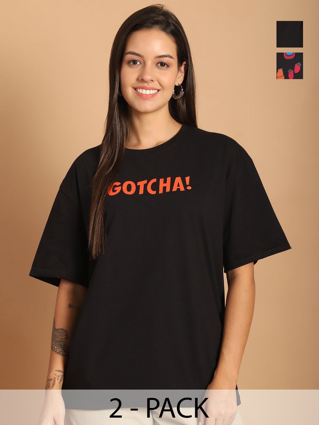 

Tromko Women Pack of 2 Graphic Printed Round Neck Cotton Relaxed Fit T-shirts, Black