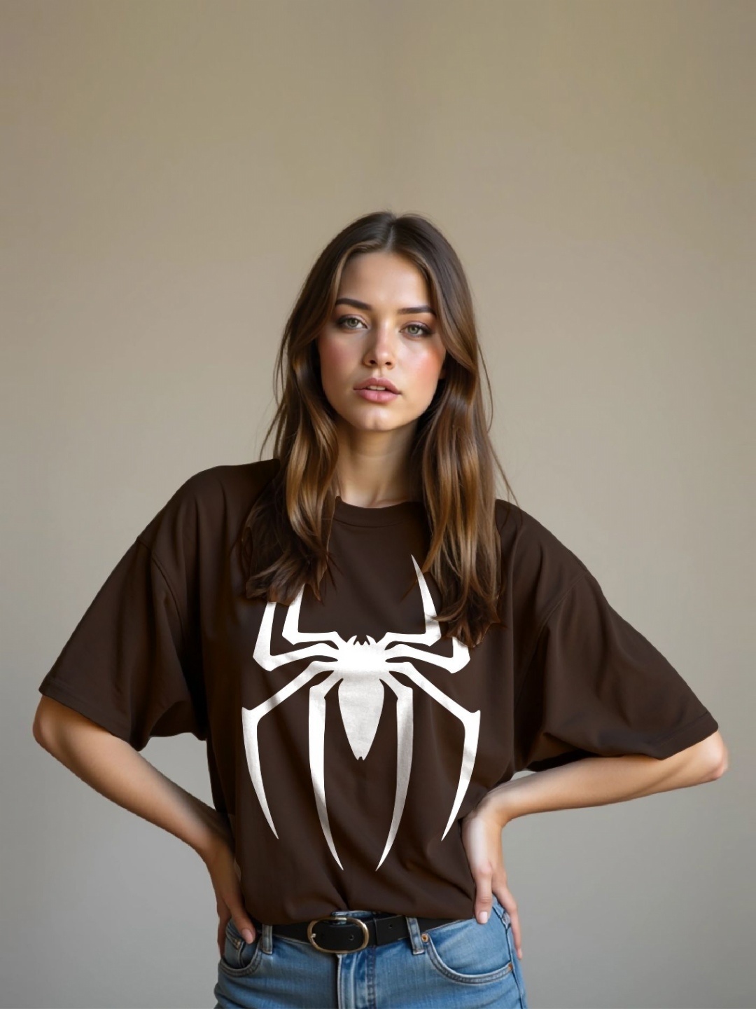 

TOGS & TERRE Women Graphic Printed Round Neck Oversized T-shirt, Brown