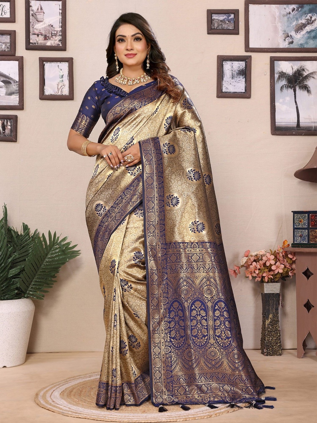 

LeeliPeeri Designer Woven Design Zari Tissue Saree With Unstitched Blouse, Blue