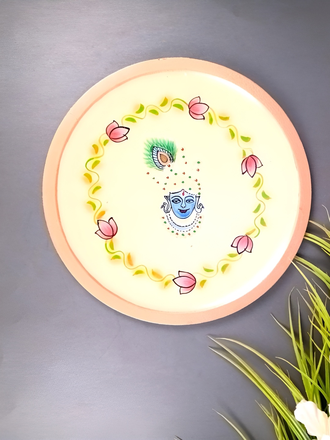 

apka mart Yellow & Pink Printed Krishna Wooden Wall Plate