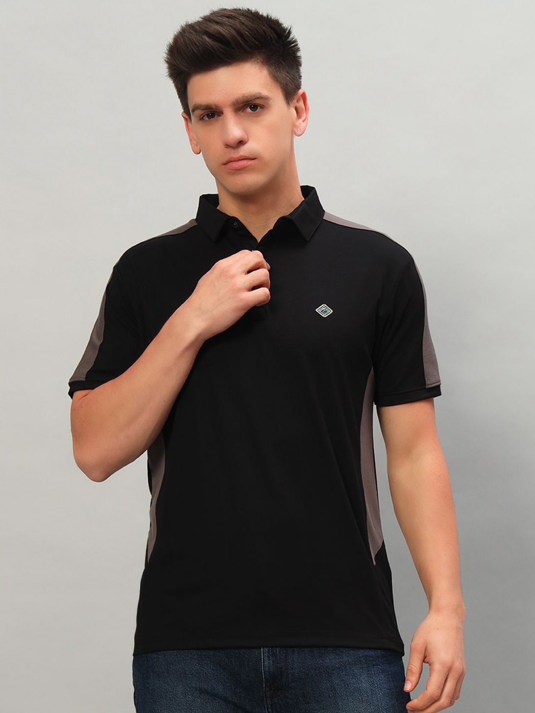 

PROFY Men Striped Polo Collar Cotton T-shirt, Black
