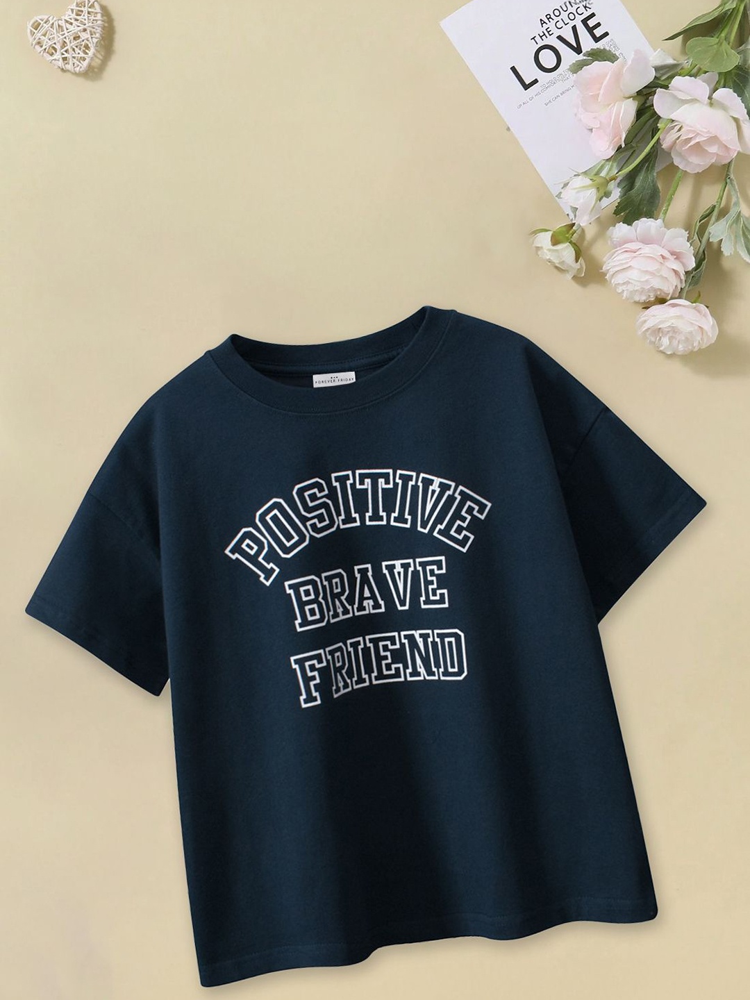 

FOREVER FRIDAY Girls Typography Printed Round Neck Short Sleeves Cotton T-shirt, Blue