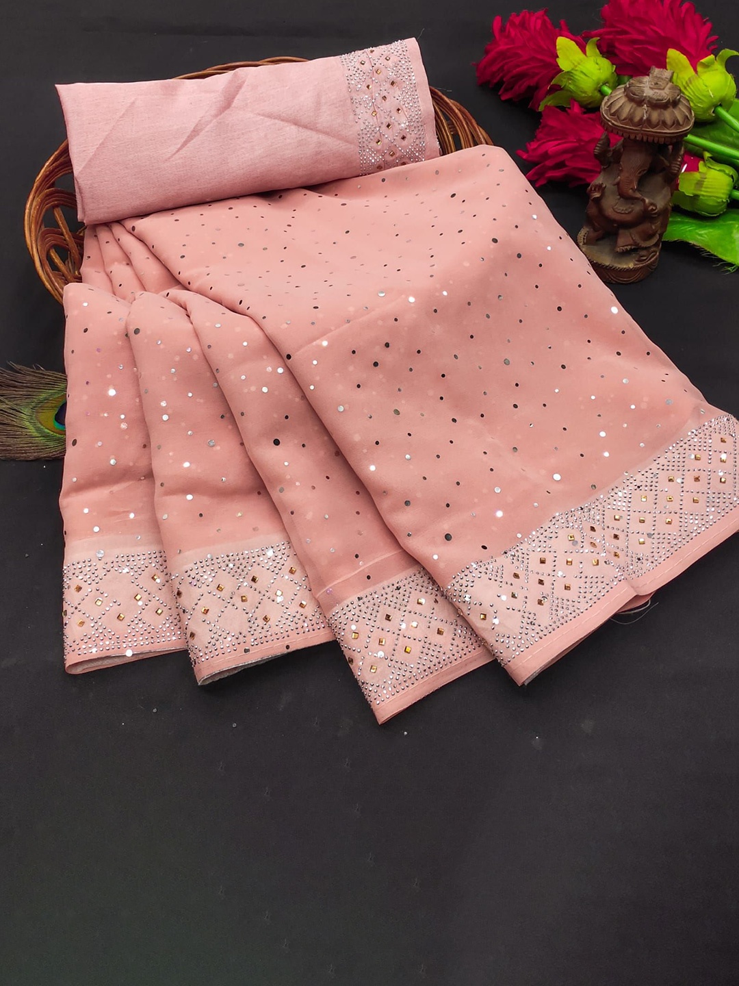 

KEERAT FASHION Embellished Beads and Stones Designer Saree, Orange
