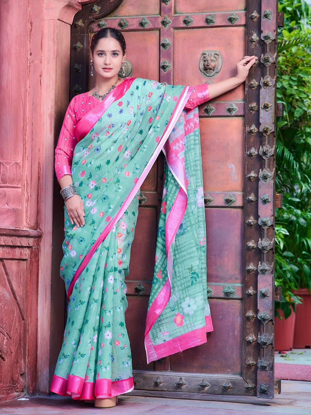 

ORUS Floral Zari Pure Cotton Saree, Green