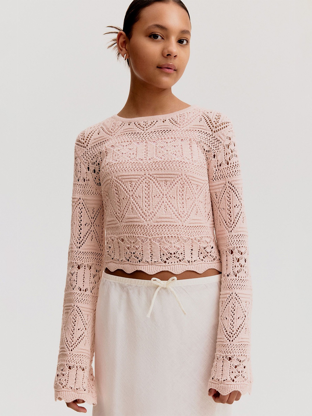 

H&M Girls Cotton Pointelle-Knit Cropped Top, Pink