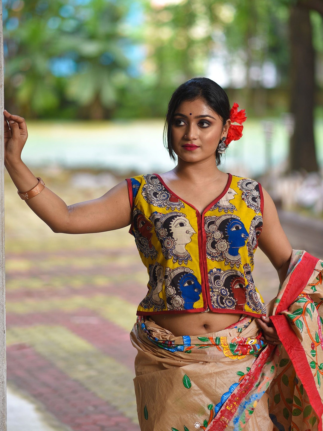 

Uttariya Printed Cotton V Neck Saree Blouse, Red