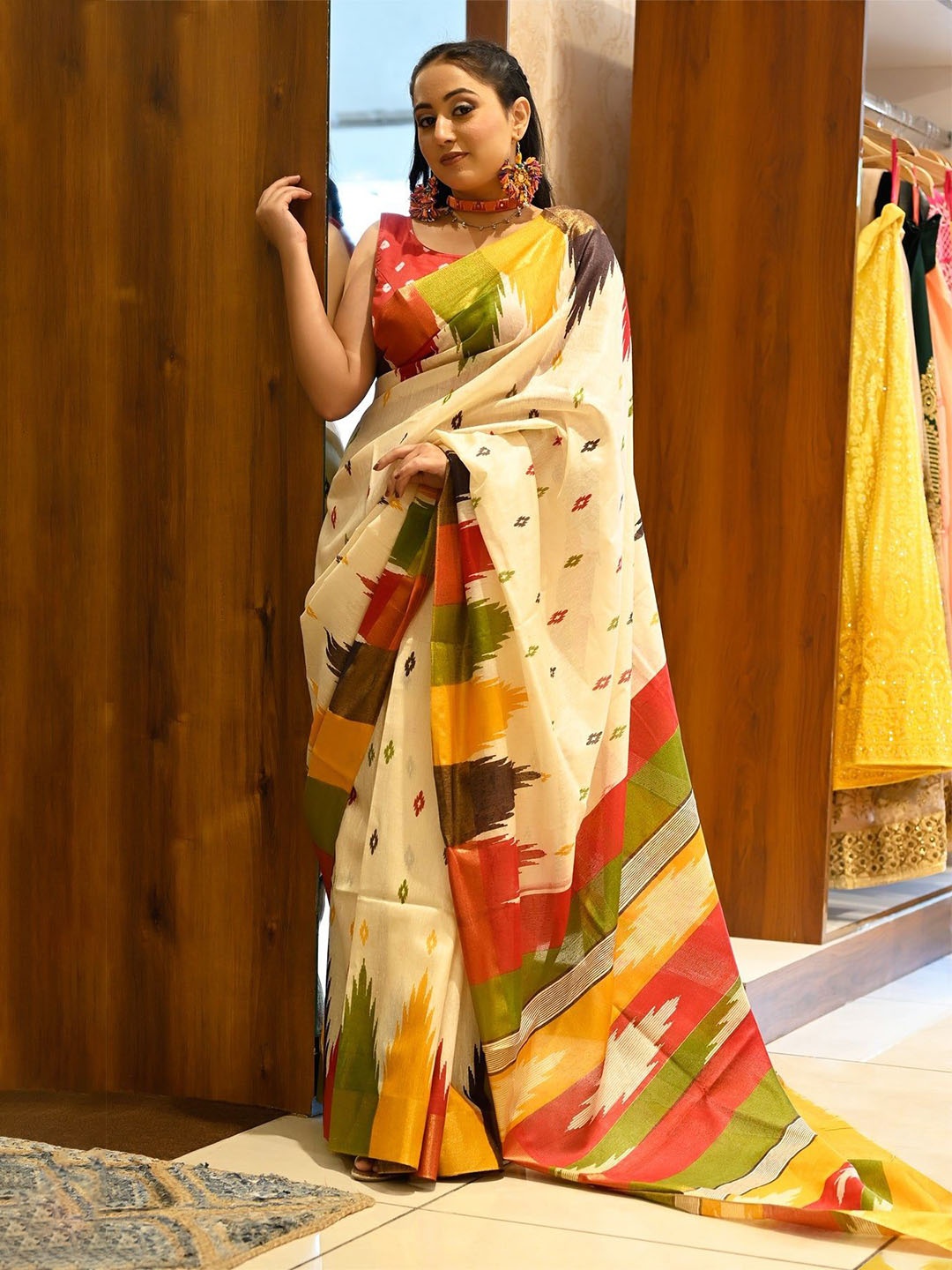 

ORUS Printed Pure Cotton Saree, Beige