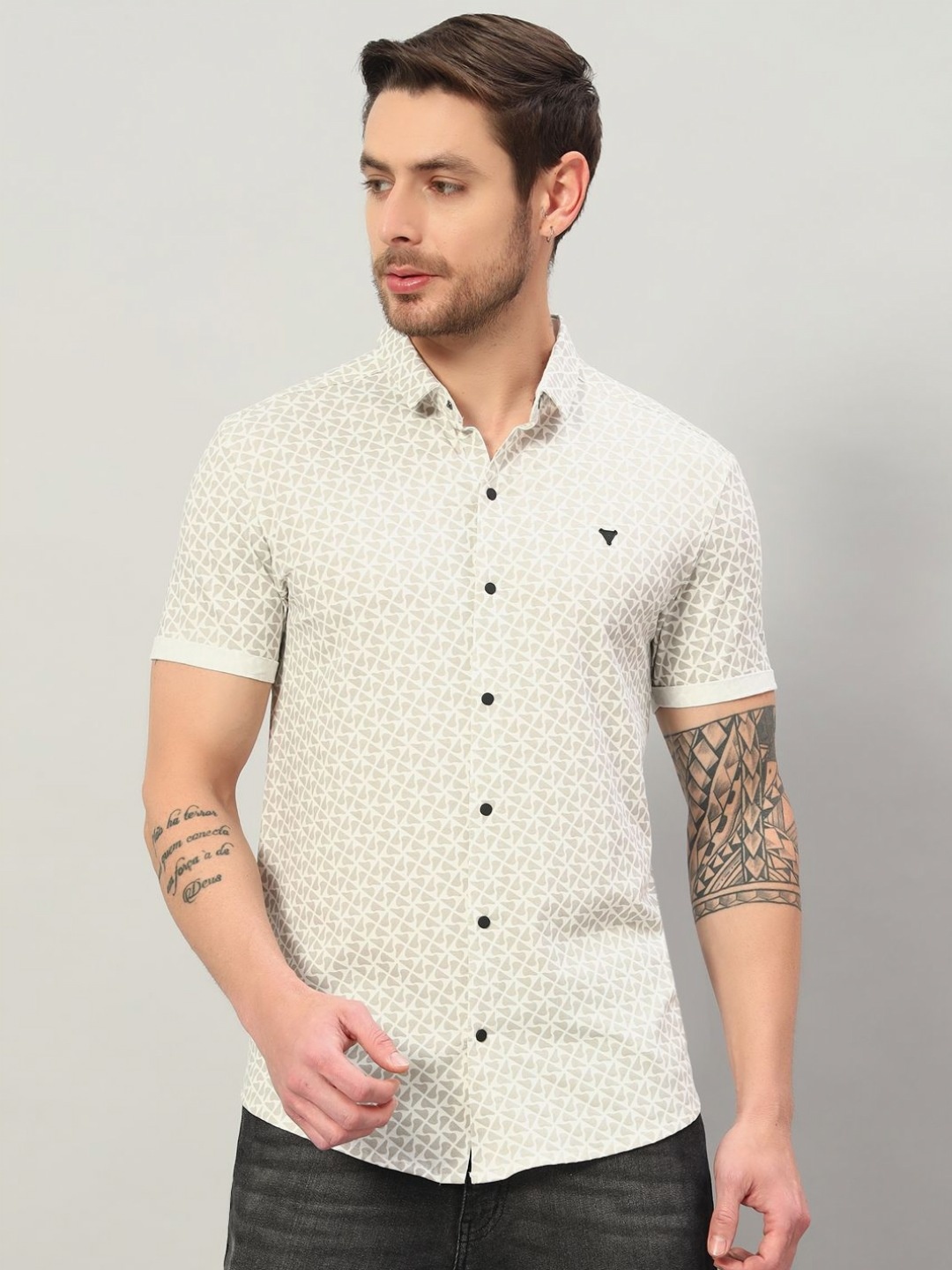 

PROFY Men Abstract Printed Cotton Slim Fit Casual Shirt, Off white