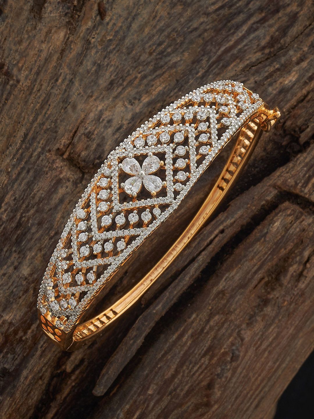 

Kushal's Fashion Jewellery Gold-Plated White Cubic Zircon Studded Kada Bangle