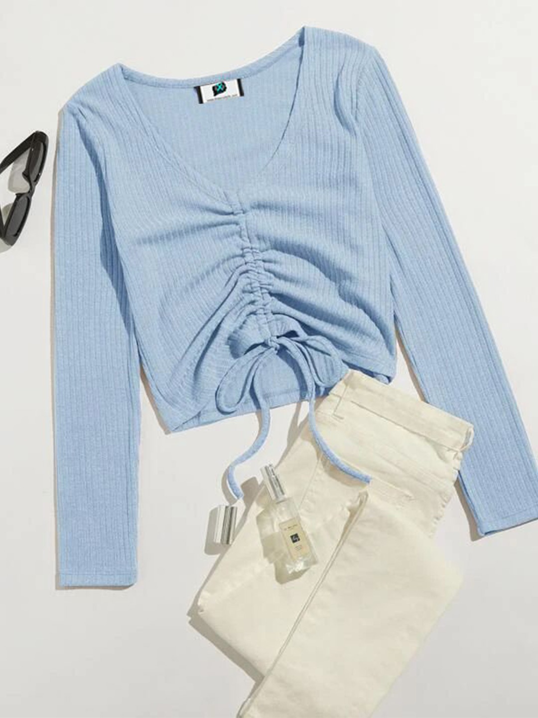 

SXV STYLE Women V-Neck Ribbed Ruched Fitted Top With Tie-Ups Details, Blue