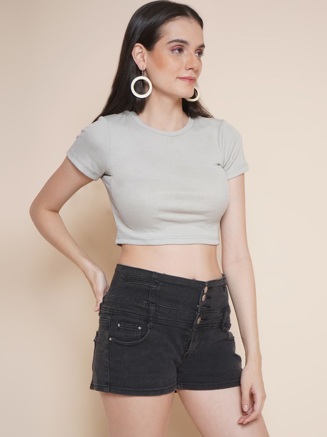 

Jakanary Women Round Neck Crop Fitted Top, Grey