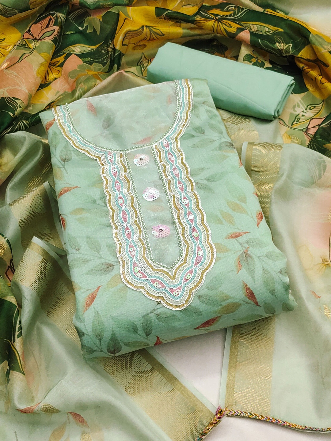 

SHADOW & SAINING Printed Sequnnied Semi-Stitched Dress Material, Sea green