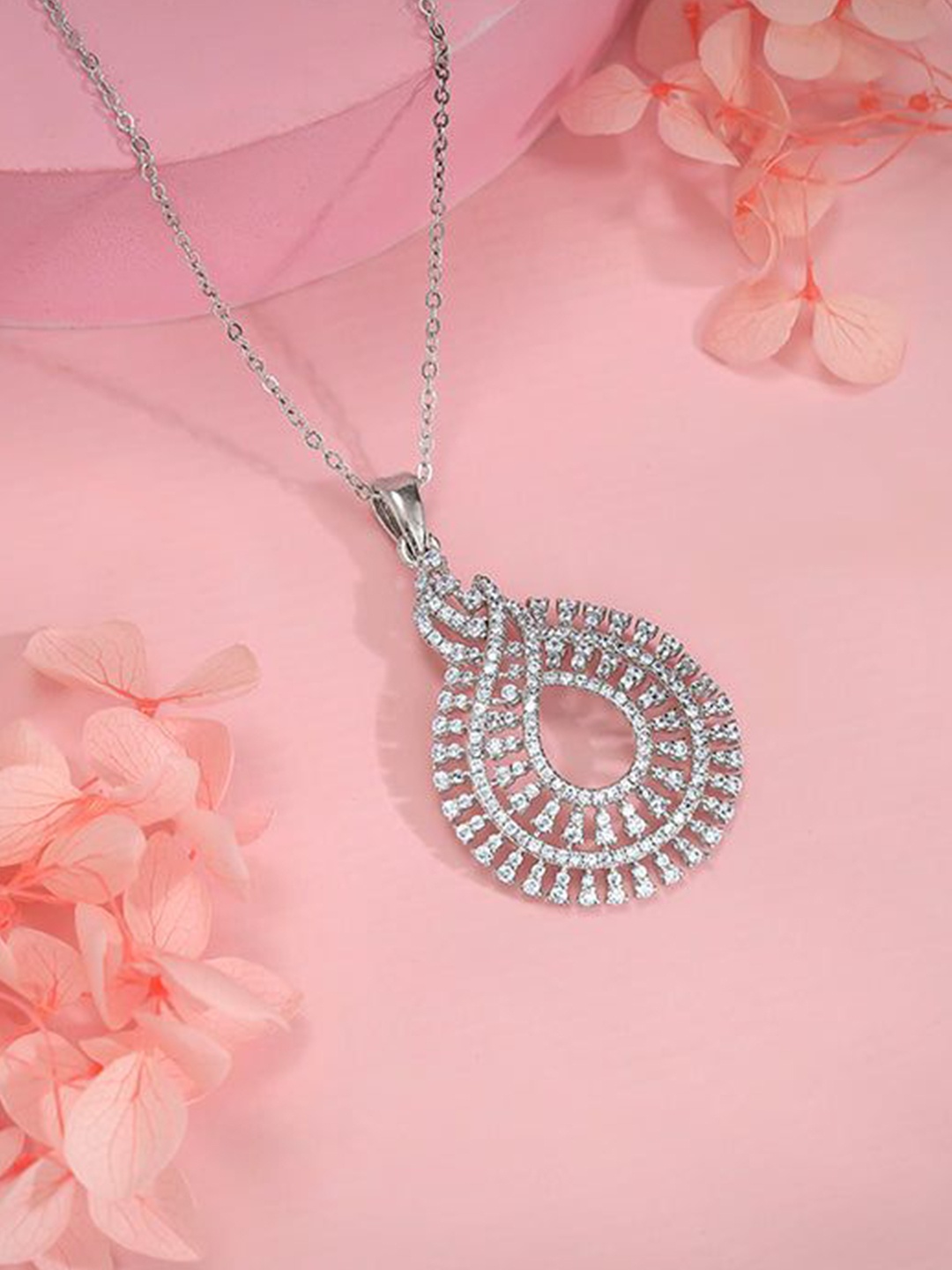 

GIVA Sterling Silver-Plated Cubic Zirconia Studded Circular Pendant with Chain