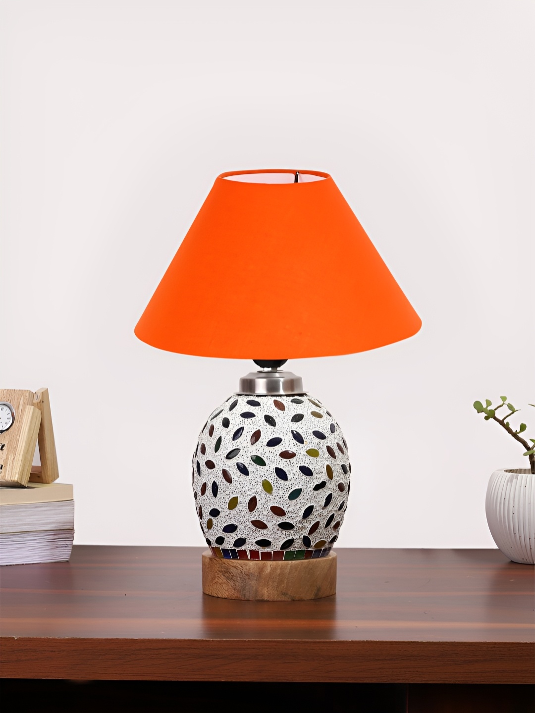 

Devansh Orange & White Textured Wooden Frustum Shaped Table Lamp With Mosaic Glass Base