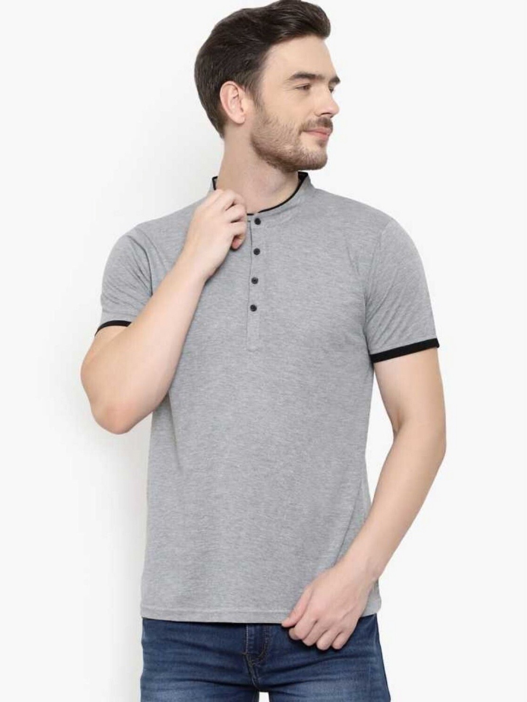 

Unicus Apparel Men Solid Henley Neck Cotton T-shirt, Grey