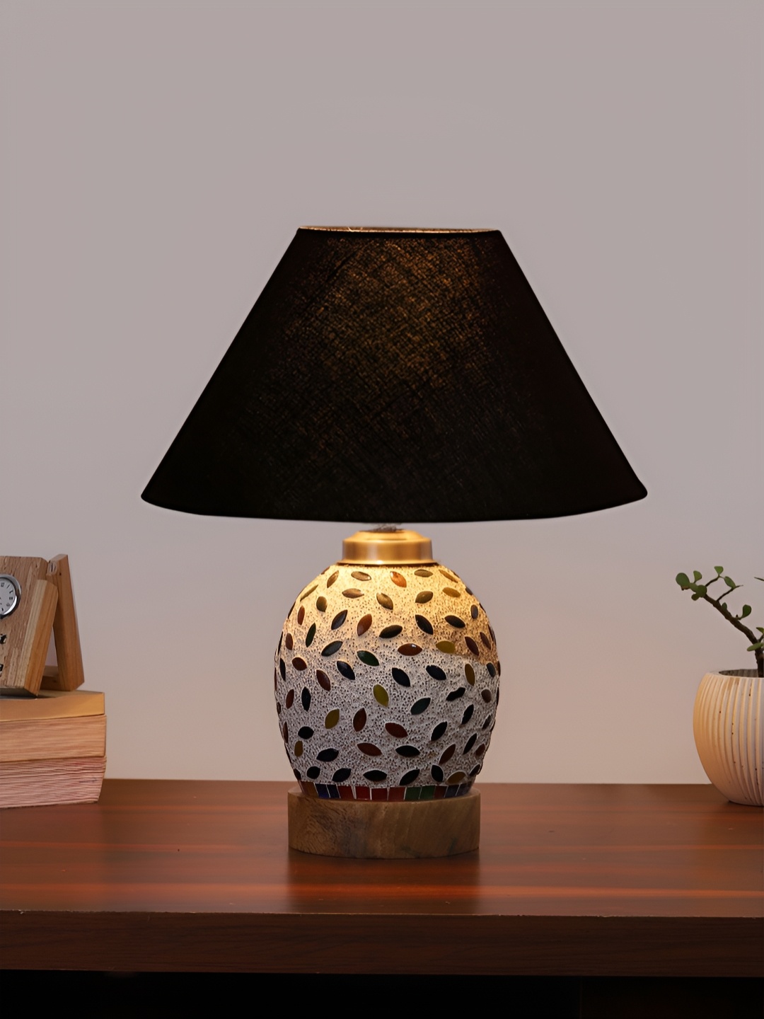 

Devansh Black & White Textured Wooden Frustum Shaped Table Lamp With Mosaic Glass Base