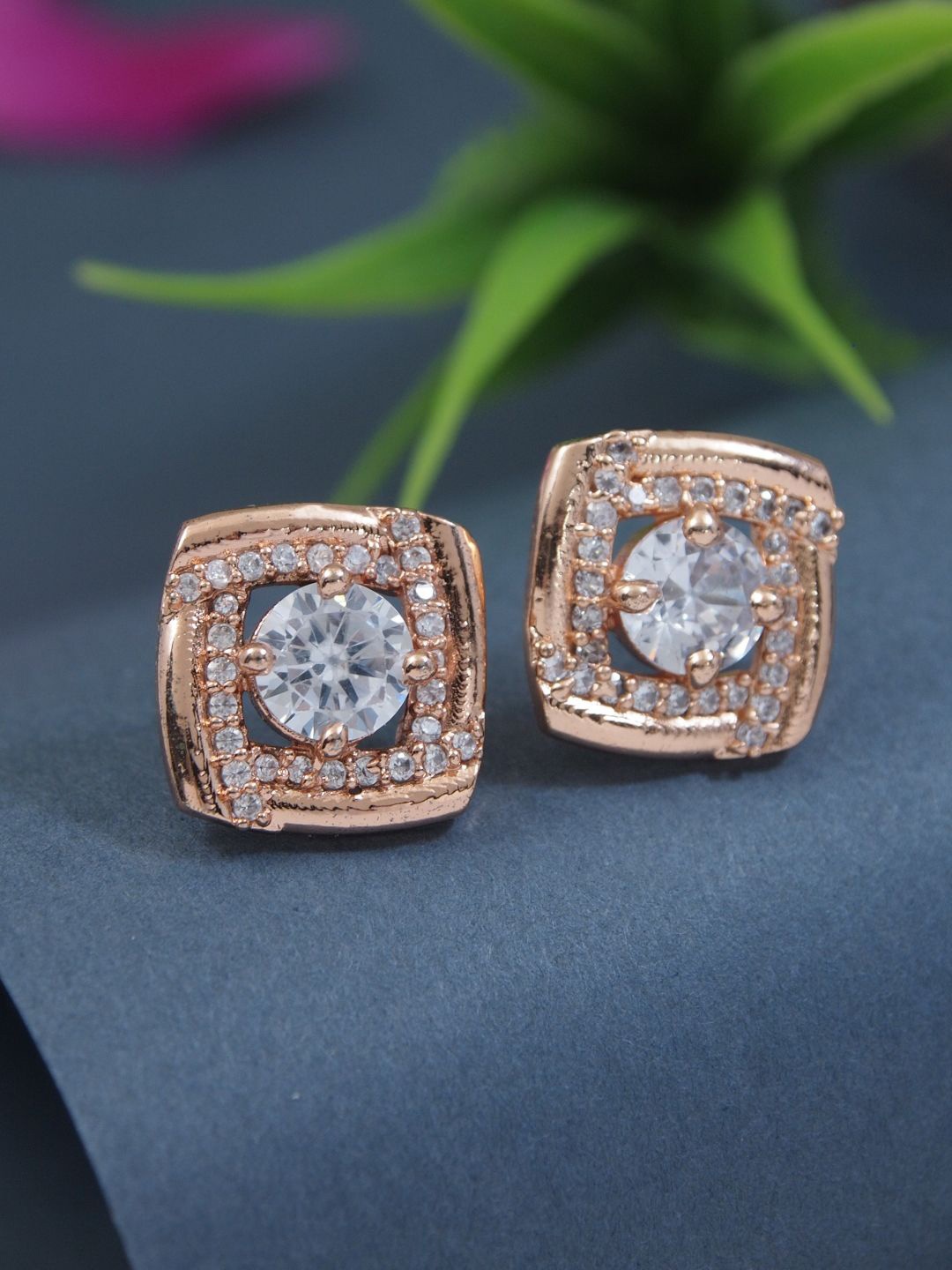 

I Jewels Rose Gold Plated Artificial Stones Studded Square Shaped Studs