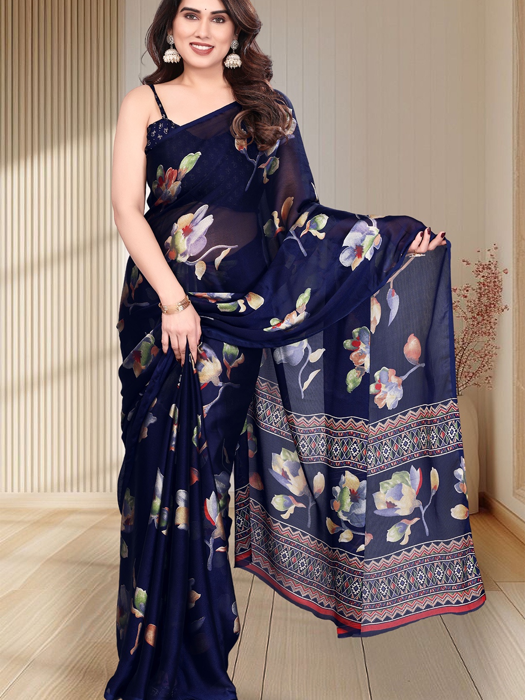 

MAGNEITTA Floral Printed Pure Chiffon Saree, Navy blue