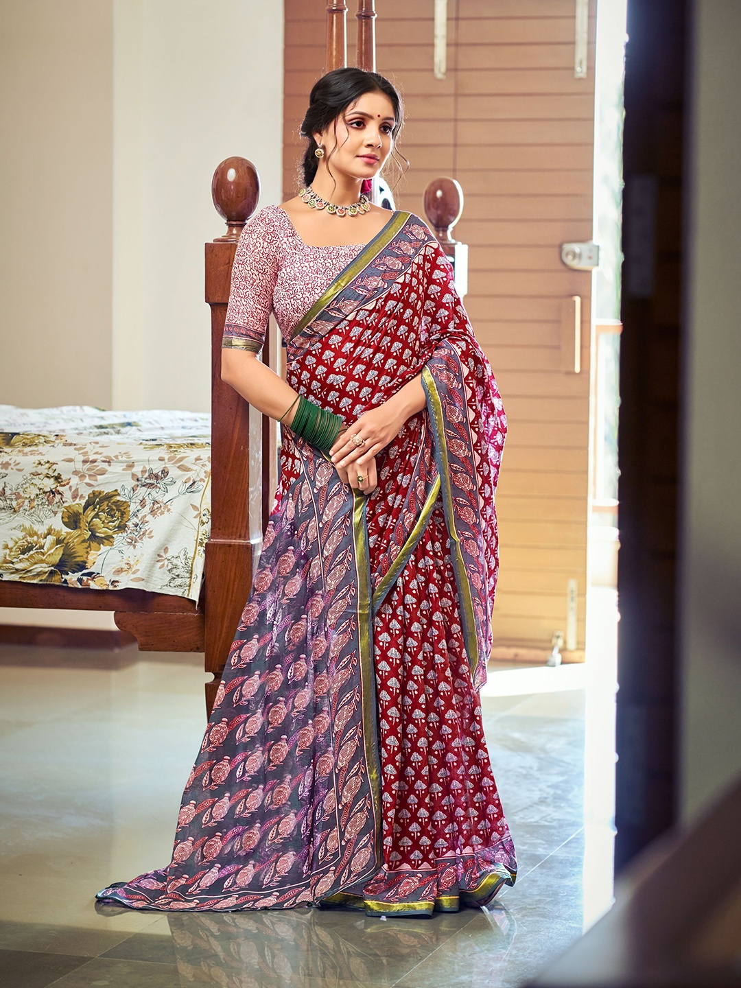 

VEECHIS Ethnic Motifs Printed Zari Pure Cotton Saree, Maroon