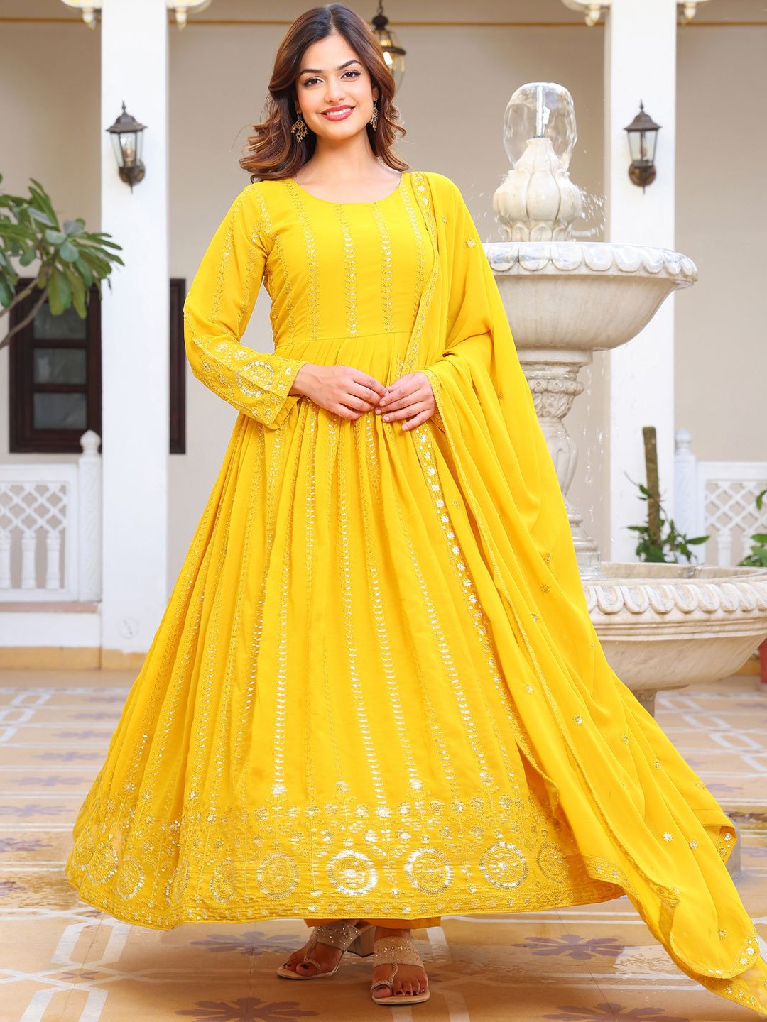 

KALINI Floral Embroidered Sequinned Georgette Anarkali Kurta With Pyjamas & Dupatta, Yellow