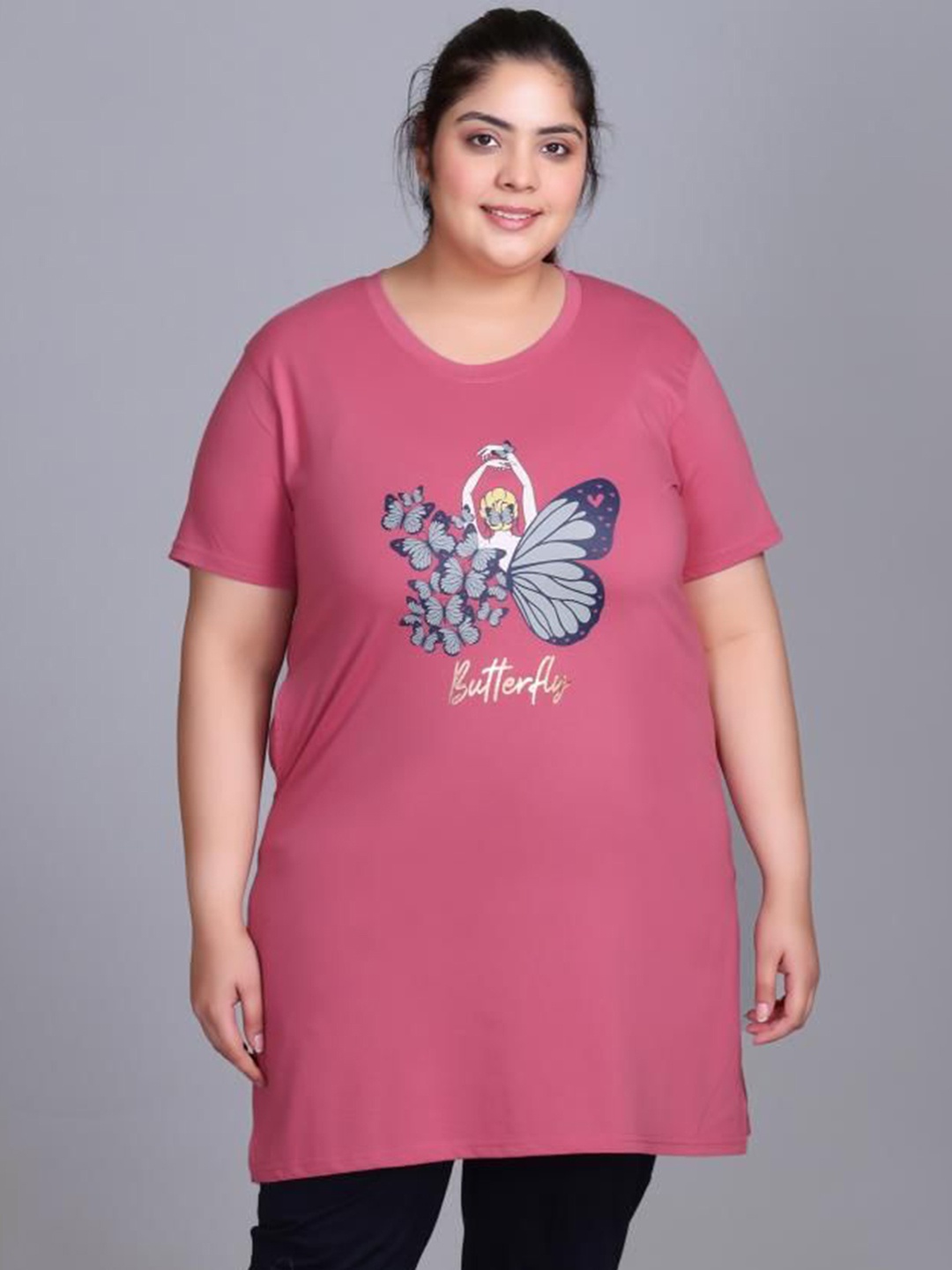 

IN Love Women Printed Plus Size Cotton Longline Lounge Tshirts, Pink
