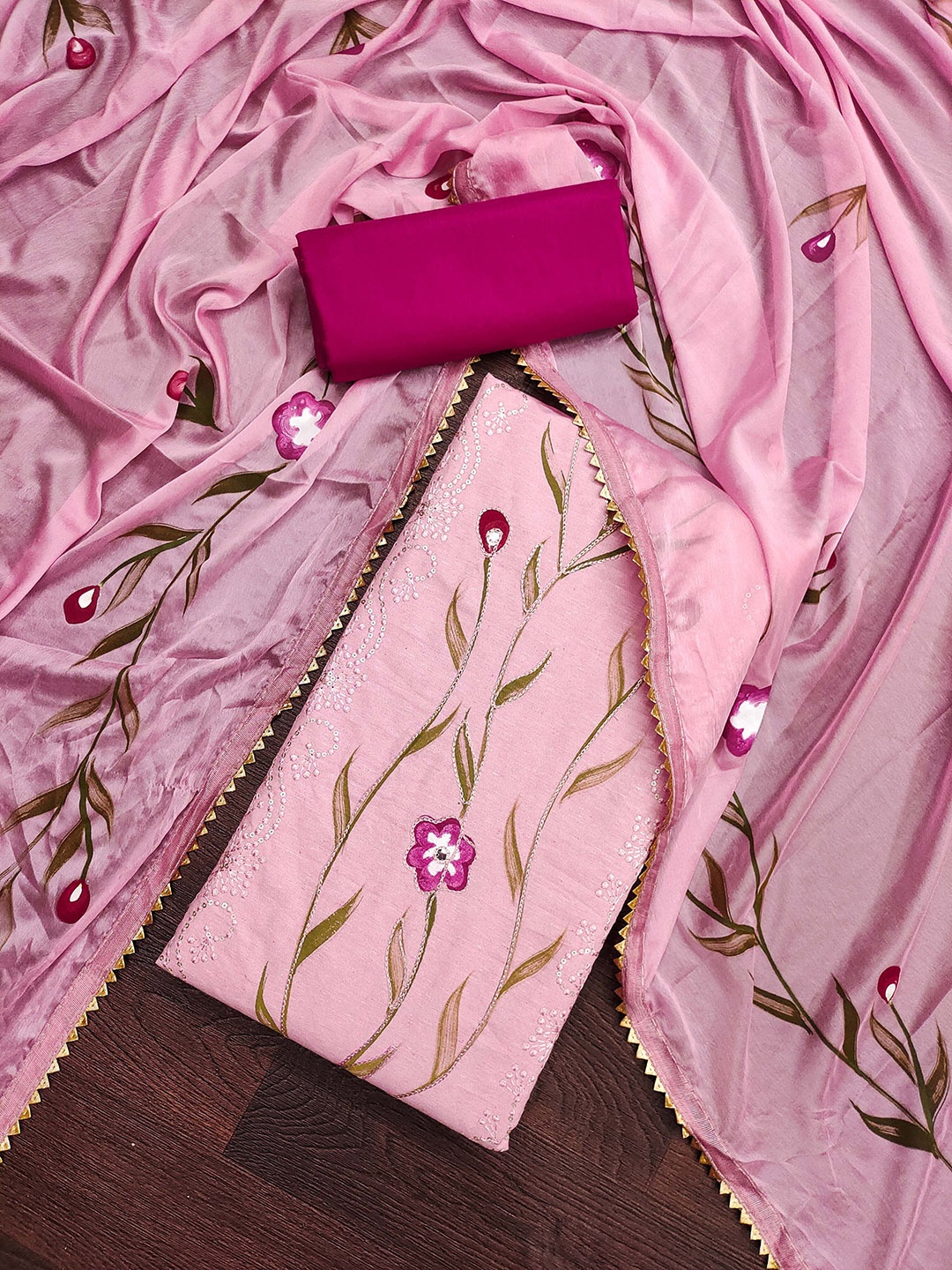 

SHADOW & SAINING Floral Sequinned Embroidered Pure Cotton Semi-Stitched Dress Material, Pink