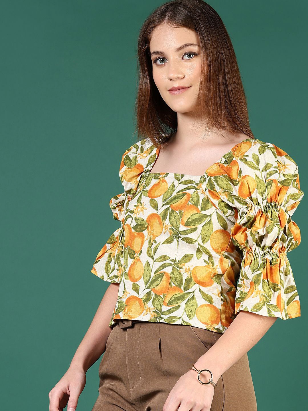 

V-Mart Women Floral Printed Bell Sleeve Cotton Top, Beige