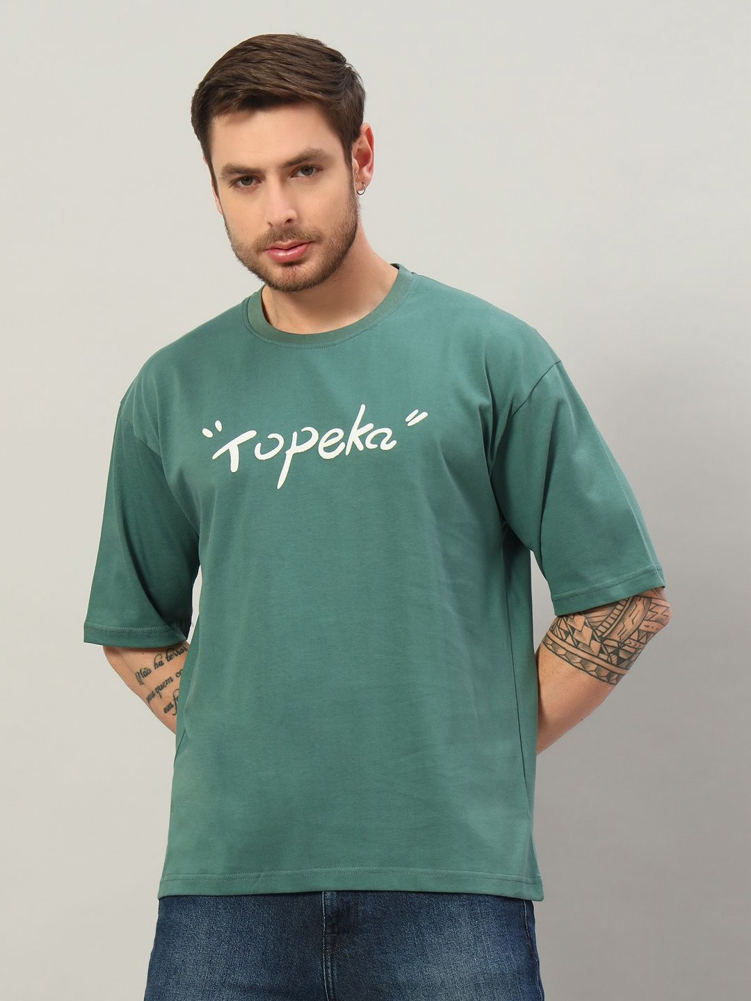 

PROFY Men Typography Printed Round Neck Cotton Oversized T-shirt, Green