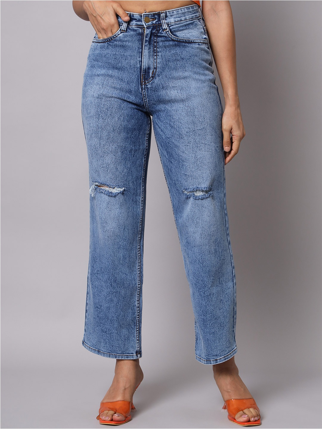 

Mast & Harbour Women Flared High-Rise Slash Knee Heavy Fade Stretchable Jeans, Blue