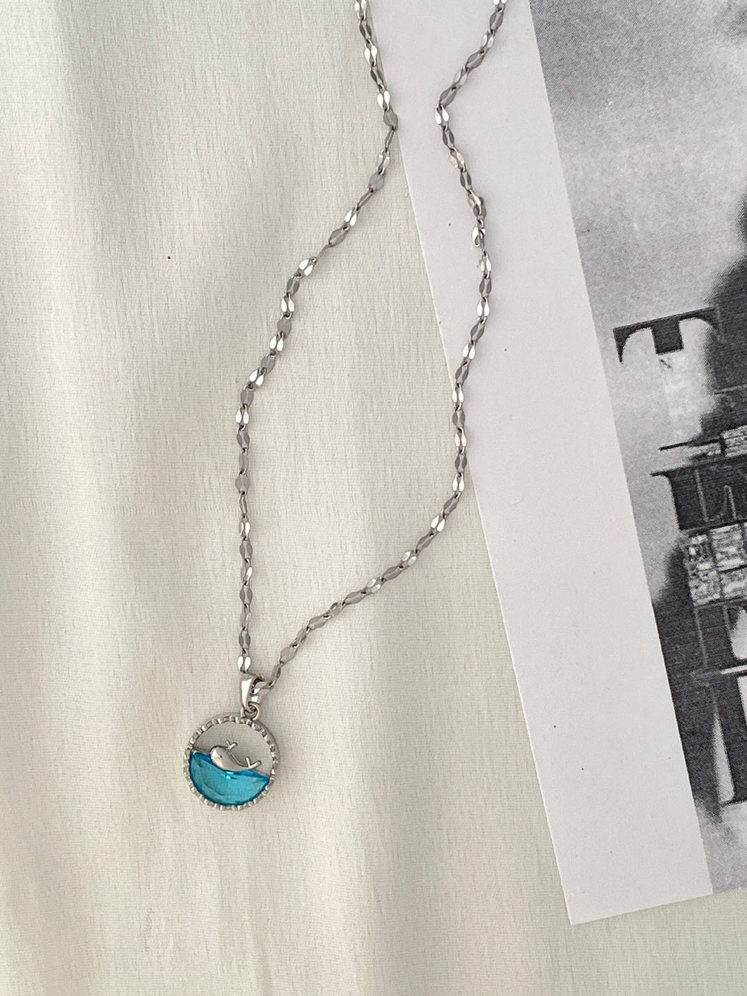 

ISHKAARA Rhodium-Plated Dolphin Ocean Stone-Studded Pendant With Chain, Silver