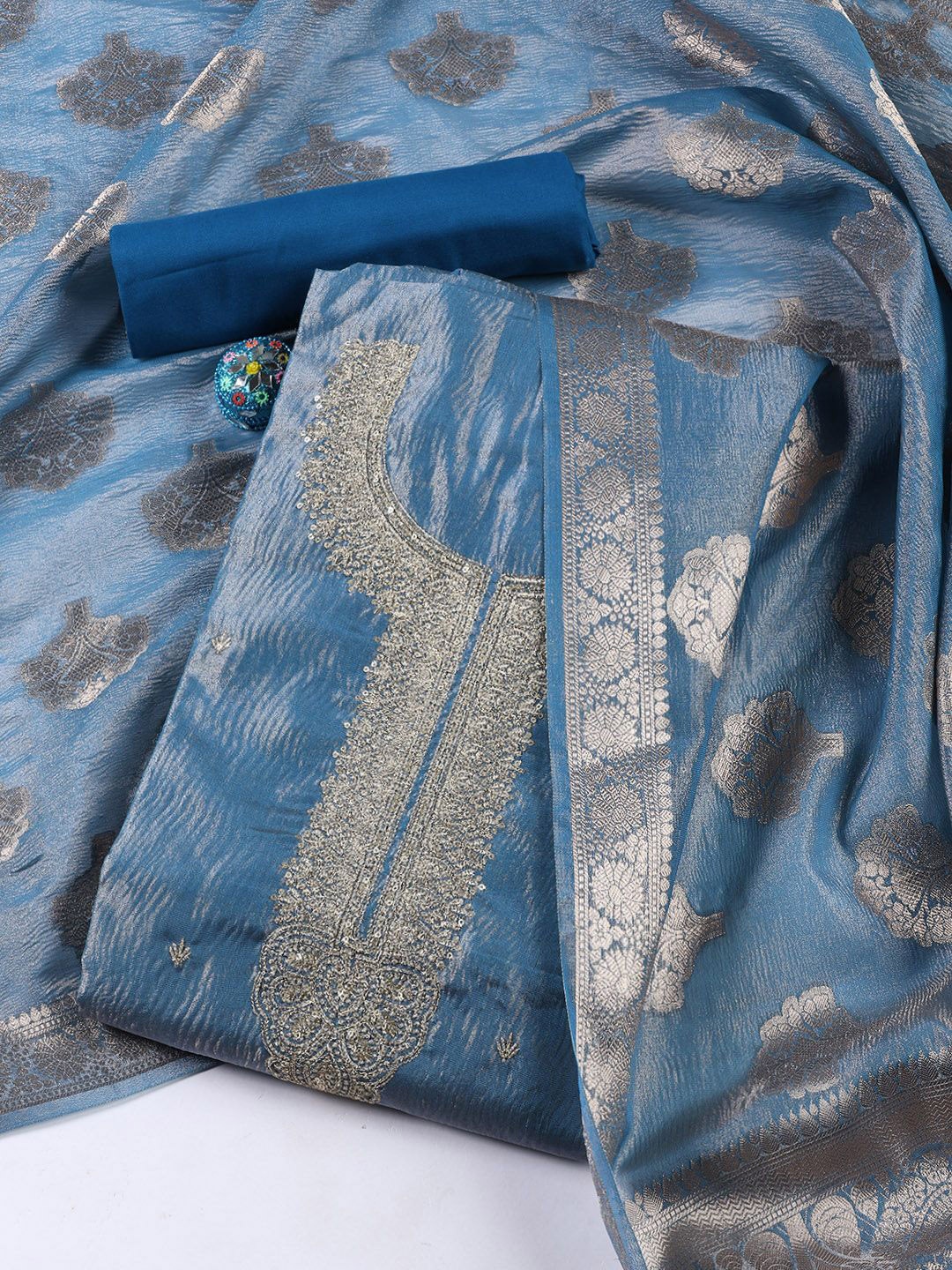 

Meena Bazaar Floral Embroidered Zari Tissue Unstitched Dress Material, Blue