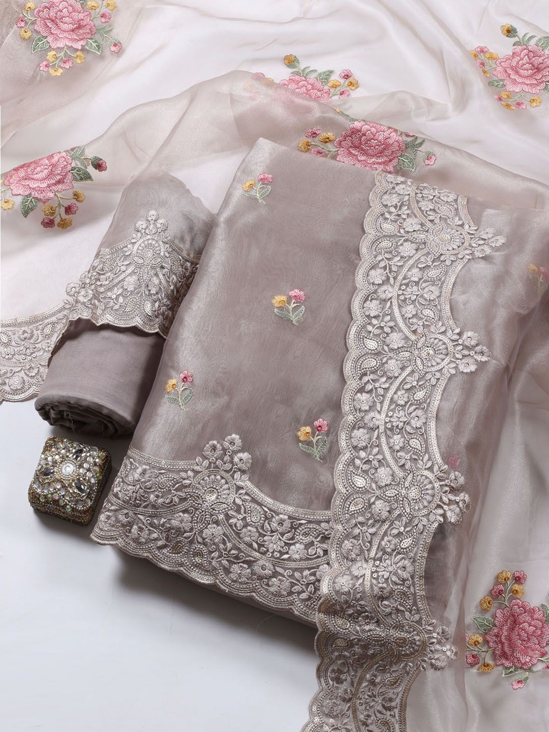 

Meena Bazaar Floral Embroidered Sequinned Organza Unstitched Dress Material, Grey